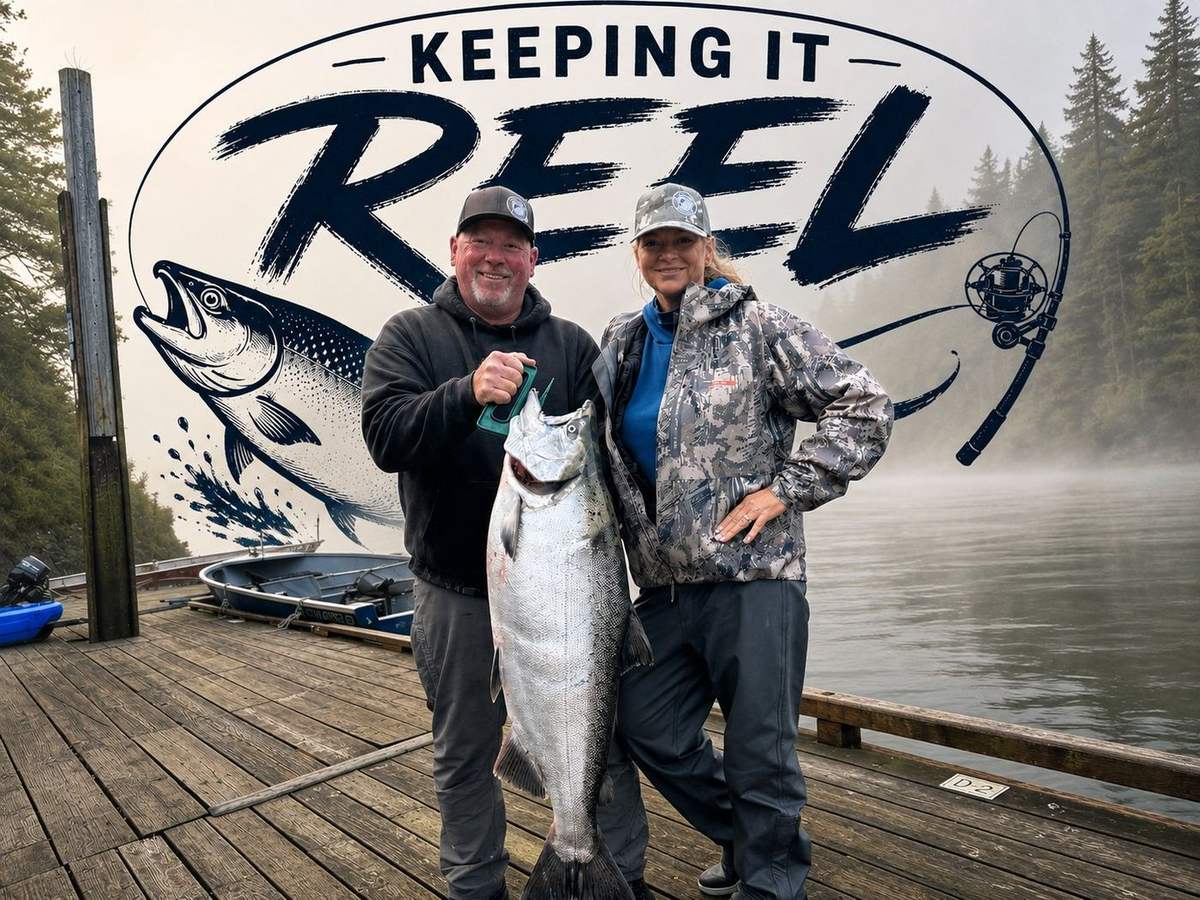 Keeping It Reel Guide Service guests with a chrome Chinook at the dock